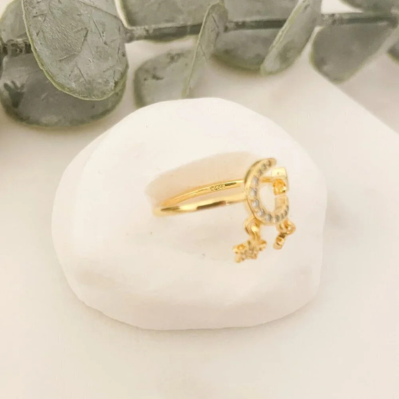 925 Sterling Silver Dangle Moon & Star Ring Gold Ring Dainty Gold Ring - Picture 7 of 7